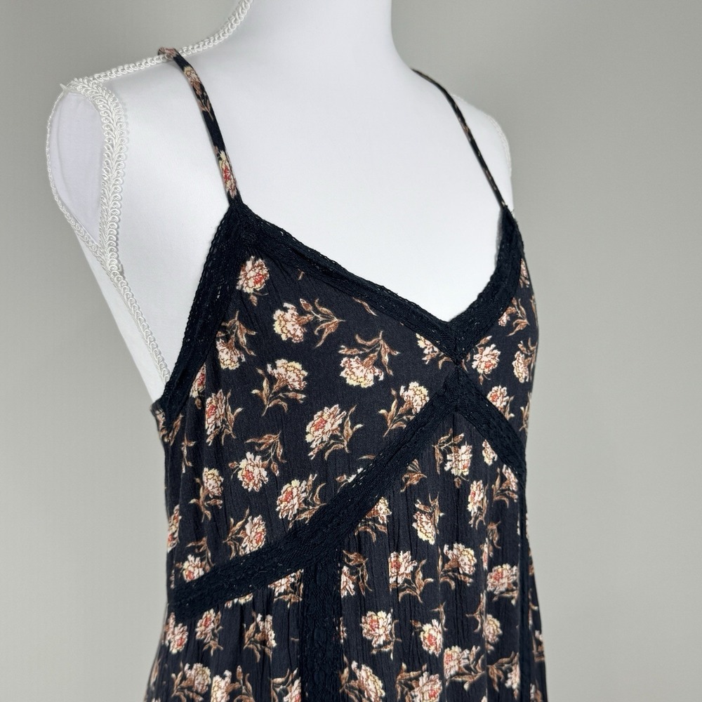 AEO Floral Boho Mini Dress XS Lace Trim Strappy Drop Waist Coquette Dark Fairy - Picture 3 of 9